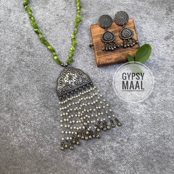 Lime Green & Silver Necklace & Earrings